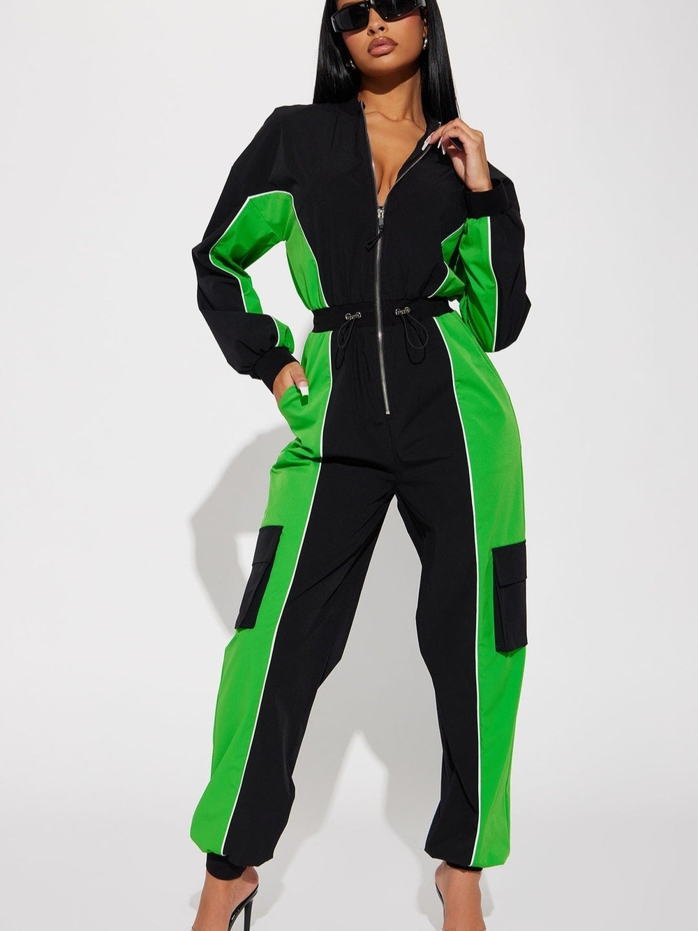 New Black & Green Zip-Front Utility Jumpsuit
